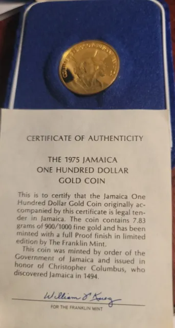1975  Jamaica $100 Gold Proof Coin Columbus Discoverer Of Jamaica .900/1000 Fine