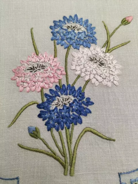 Gorgeous Pastel Cornflowers Vintage Hand Embroidered Centrepiece 2