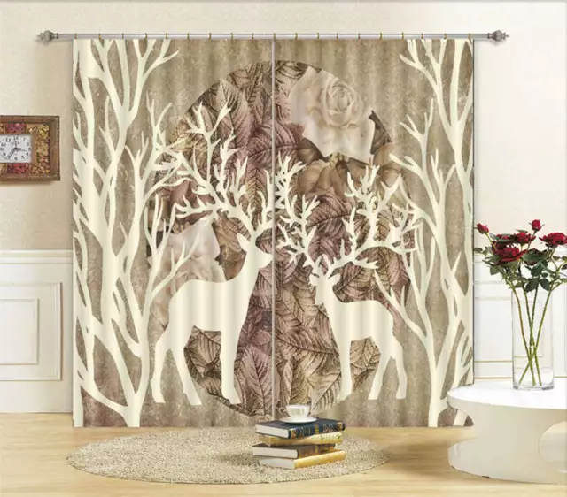 White Deer Romantic Roses 3D Curtain Blockout Photo Print Curtains Drape Fabric