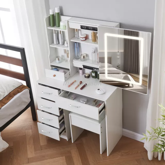 Modern Vanity Dressing Table Makeup Desk w/ LED Light Mirror Stool Drawers Set