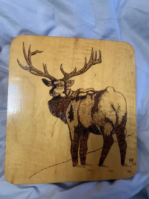 Vintage Hand Etched Carved Wood Wall Plaque~Elk~Antlers~Cabin~Rustic~1962