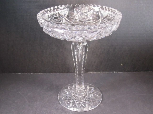 VTG American Brilliant Period Cut Glass Crystal Pedestal Compote Notched Stem