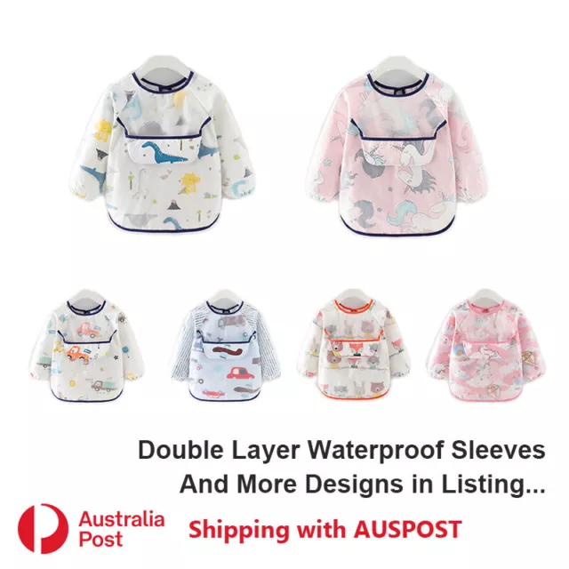 Baby Kid Bib Double Layer Apron Smock Waterproof Short Long Sleeve Feeding 3m-4y