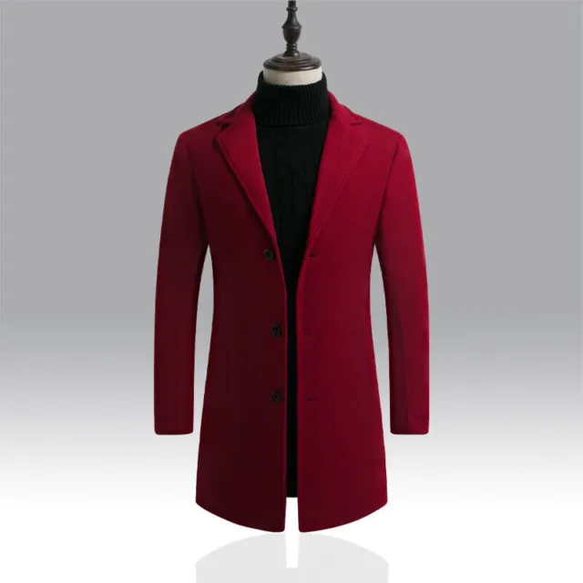 Mens Winter Trench Coats Outwear Overcoat Long Sleeve Button Up Wool Coat Jacket