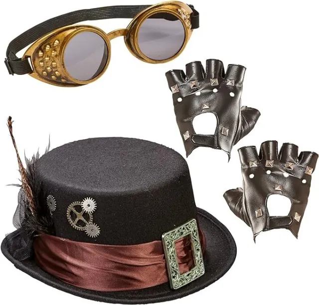 Steampunk Victorian Top Hat with Goggles Gloves Headwear Dress Costume Accessory