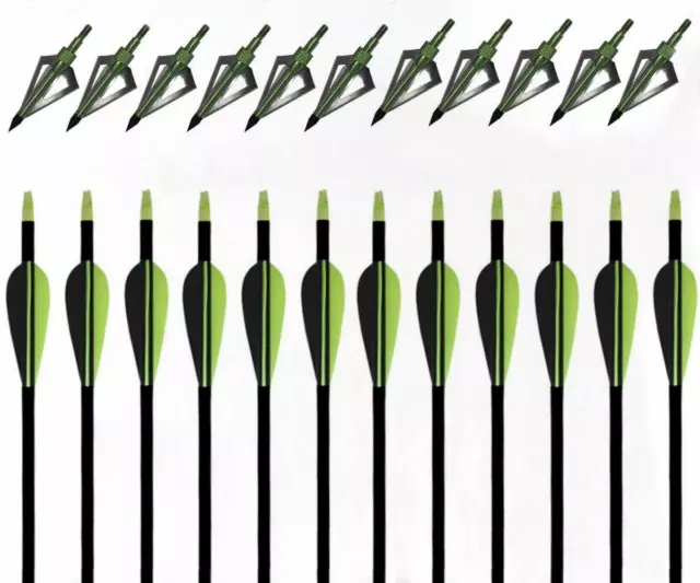 31'' Archery Fiberglass Arrows Hunting Nock Fletched + 100grain Green Broadheads