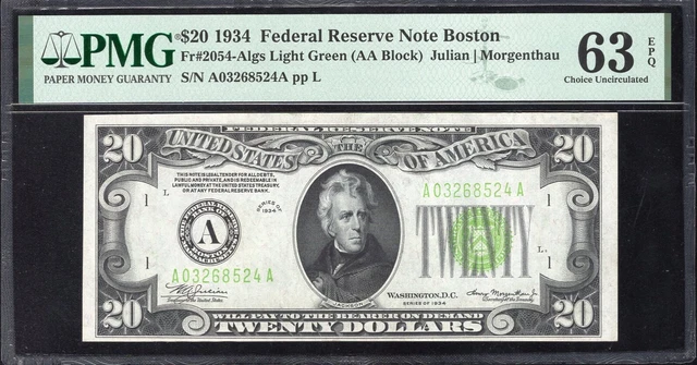1934 $20 BOSTON FRN *LIGHT GREEN SEAL* PMG 63 EPQ Fr 2054-A lgs A03268524A