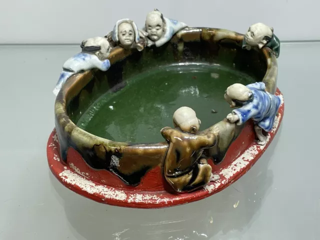 Antique Japanese Sumida Gawa Figural Dish Bowl 19th Century Meiji Period 6 7/8"