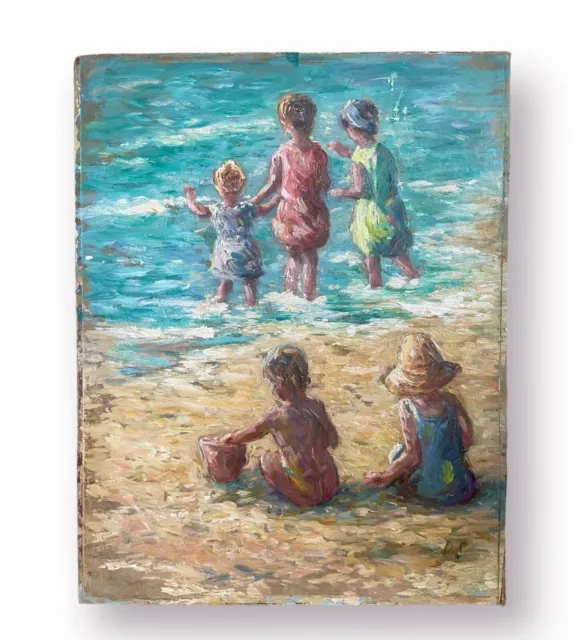 At The Beach | Initialled 'DS' | Early 20th Century Antique Oil Painting