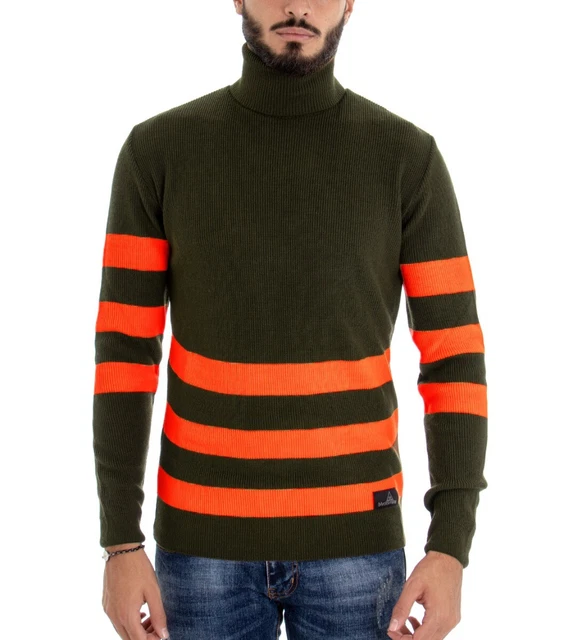 Maglione Uomo Collo Alto Dolcevita Pullover Maglioncino Verde Militare Righe ...