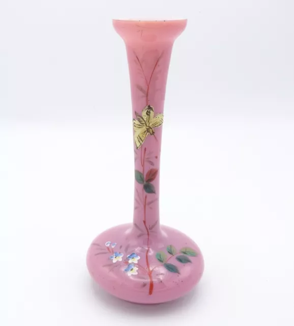 Antique Victorian Pink Hand-Painted Opaline Glass Bud Vase