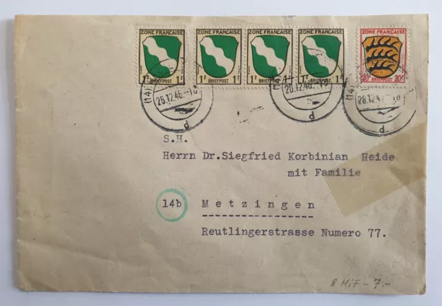 Ganzsache Brief - Franz. Zone 5 Marken Briefpost - Reutlingen - Metzingen 1946