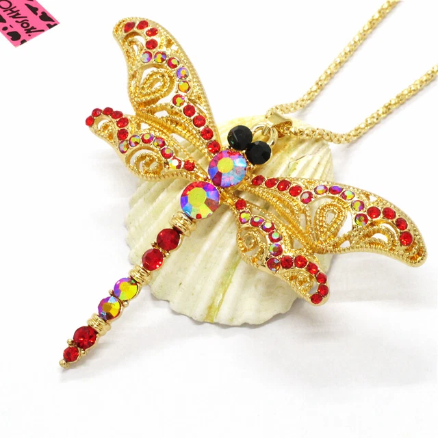 New Cute Red Bling Dragonfly AB Crystal Betsey Johnson Pendant Sweater Necklace