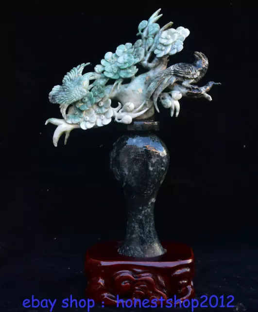 16.4 "China Dushan Jade geschnitzte Fengshui-Blumen-Vogel-Flaschen-Vase-Statue