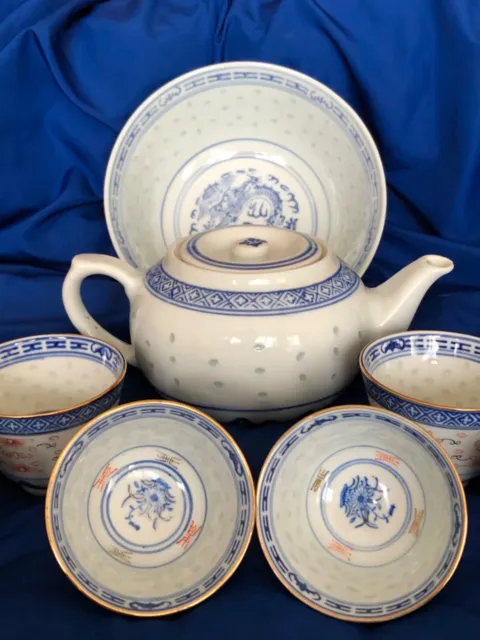 Vintage 70’s Ensemble de 12 pièces Chinois bleu et blanc grain de riz thé