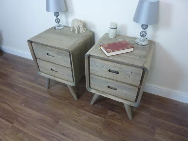 Pair Of Retro Style Two Drawer Wooden Bedsides In Weathered Style Oak Finish