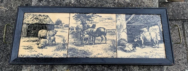 Antique Minton Porcelain Tile Tray Cows Horses Sheep 1879 England Farm Series