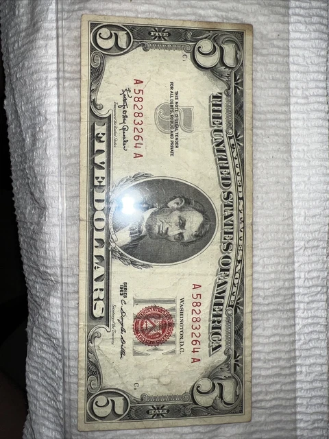 1963 Five Dollar RED SEAL Note, Old US Bill, $5 Money, Low Serial number!