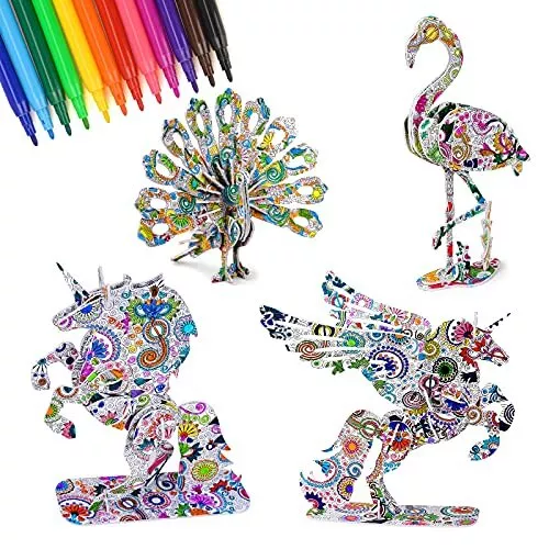 Arts & Craft Toys Kids - DIY 3D Puzzle Unicorn Gifts with 4 Animals & 12 Pens