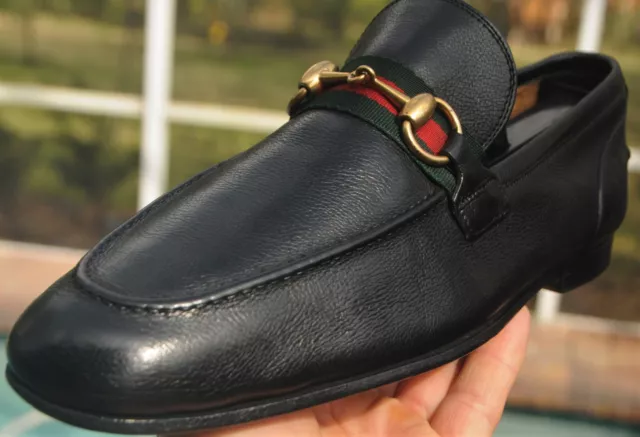 GUCCI man's golden horse bit  ribbon detail black leather Loafers shoes Size  6D