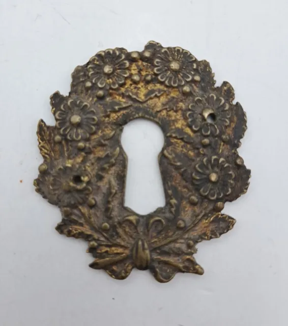 Antique Cast Brass Skeleton Key Hole Cover Escutcheon Hardware