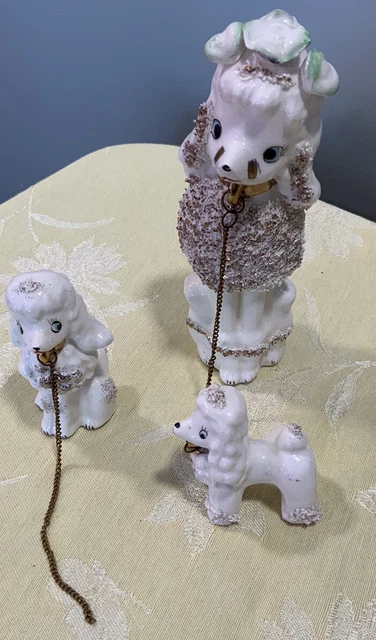 Vintage White Gold Mom Poodle & her Puppies Lot Spaghetti Japan MCM 1950's Set