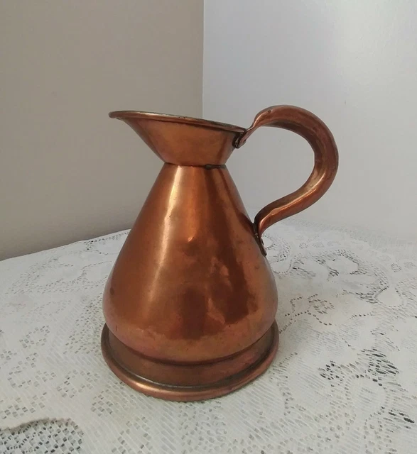 Antique Vtg Hand Hammered Thick Copper Pitcher Creamer Embossed Pint w/Handle