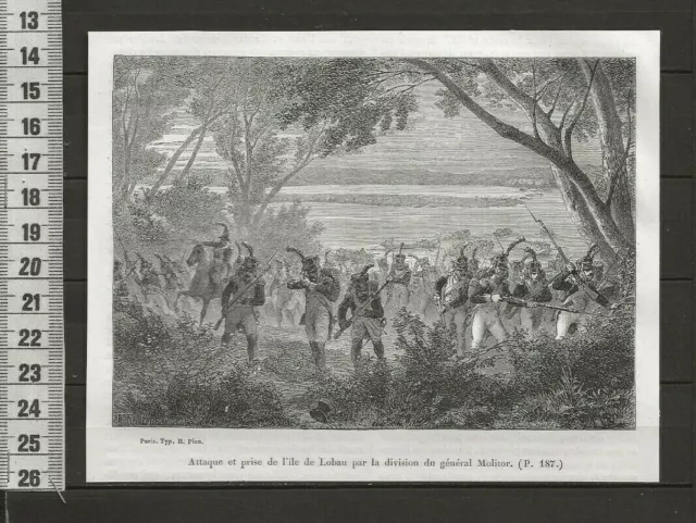 G82  / Gravure 1865 /  Attaque De L Ile De Loban Par Le General Molitor