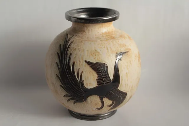 Grand vase grès Oiseau Roger GUERIN Bouffioulx Belgique (62103)
