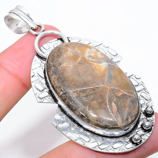 Fossil Coral Gemstone Handmade 925 Sterling Silver Jewelry Pendant 2.76"