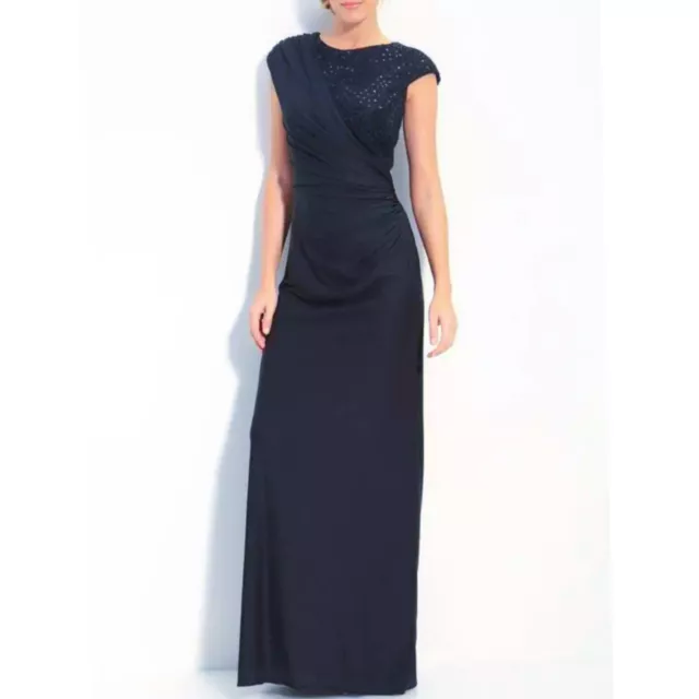 Tadashi Shoji Sequin Top Draped Front Gown Navy Blue Size XS