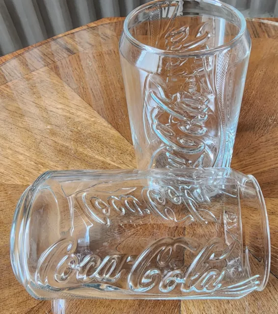 Set Of 2 Vintage Coca-Cola Coke Can Shaped Clear Glass  12 oz Drinking Glasses