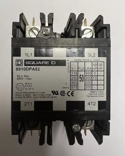 Square D. P/N:8910Dpa52V02. Definite Purpose Magnetic Contactor. 120V Coil.50Fla