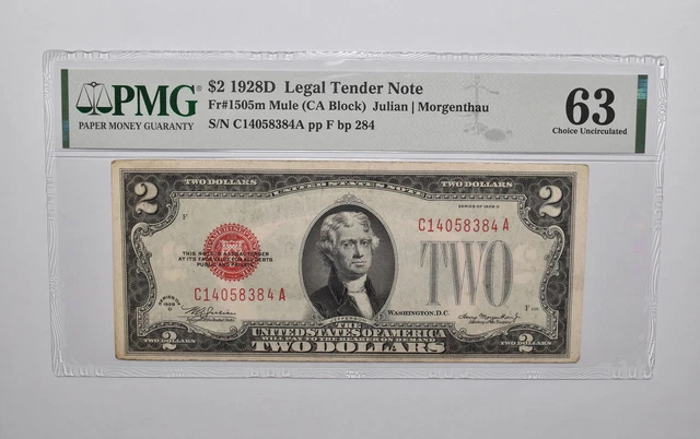 PMG 63EPQ $2 1928-D US Legal Tender Note FR#1505m Mule (CA Block) Red Seal *4735