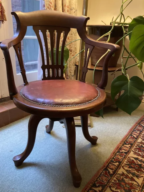 Antique Mahogany Desk Captain Chair Red Leather Cast Iron Revolving Mechanism