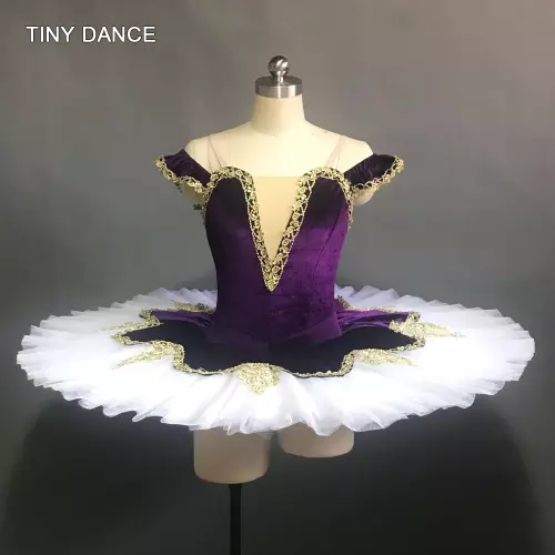 Pancake balletto tutù bianco viola scuro corpetto in velluto con finiture in oro