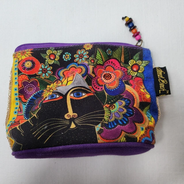 LAUREL BURCH Cosmetic Bag Makeup Case Pouch Purse Purple Gold Red Cats Art