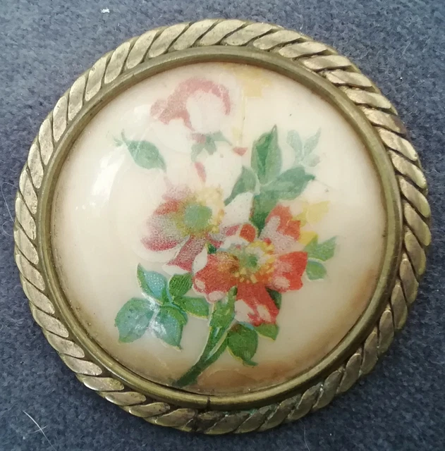 Broche Ancienne Bouquet Fleurs - Alliage Doré, Bleu, Occasion Avec Petits Défauts, Vintage