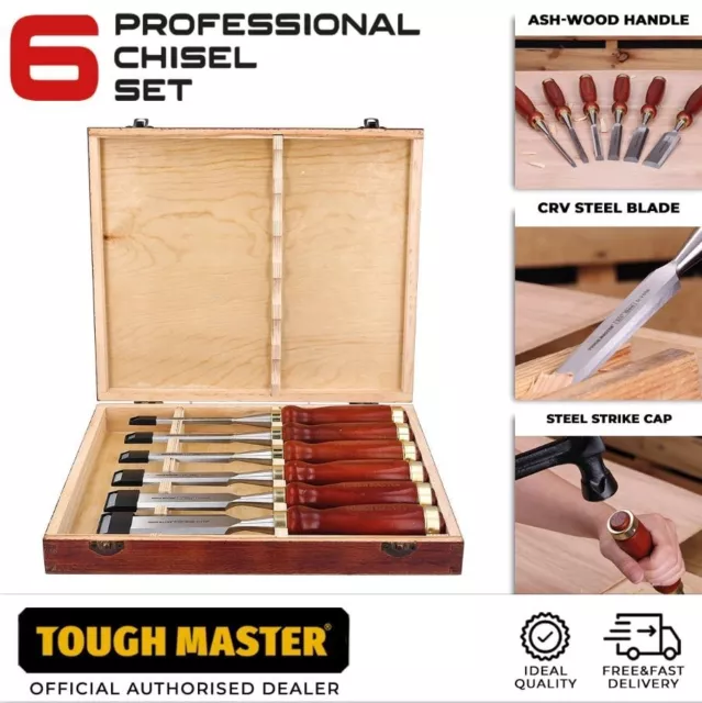 TOUGH MASTER 6pc Professional Chisel Set Splitproof Bevel Edge Ezarc Style W/Box