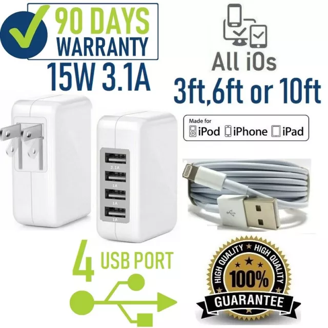 15W 4-USB Port Wall CUBE Charger + USB Cable for iPhone 6,7,8,X,XR,XS,11,11 Pro