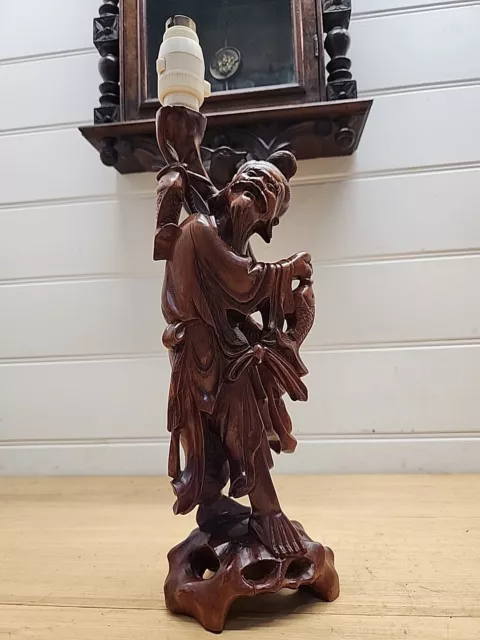 Antique Carved Wood Japanese Table Lamp Old Man Holding Fish c1930