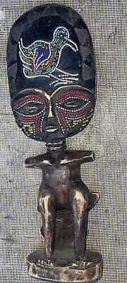 African Tribal Wooden Primitive Beaded Virtility Art Figure #2 13”. Handmade Fig