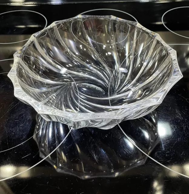 Val St. Lambert Crystal Bowl Etched Signature 9.25" Elegant Swirl Cut Belgium