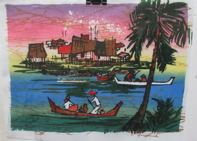 Malaylsian Village People Boat Original Batik Painting Unsigned