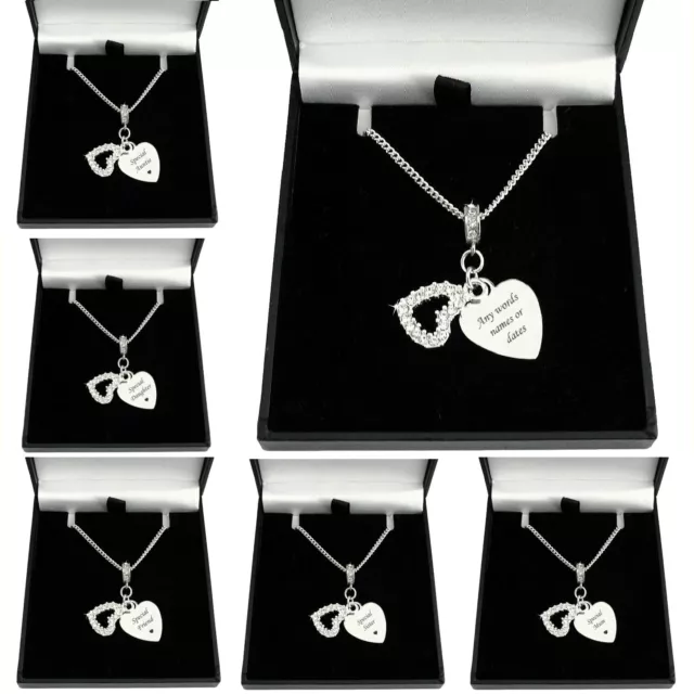 Personalised Necklace with Engraving, Two Heart Pendants & Crystals, Gift Boxed