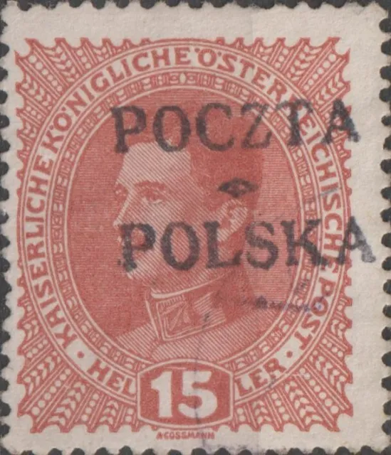 USED 1919 POLAND 15 H Krakow Issue Stamp POLSKA POCZTA Overprint Austrian Empire