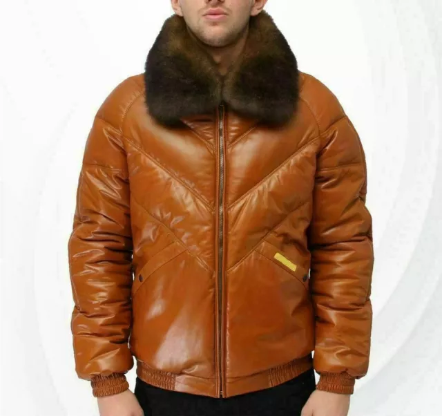 Mens Bubble V Bomber Sheepskin Leather Jacket With Fox Fur Collar