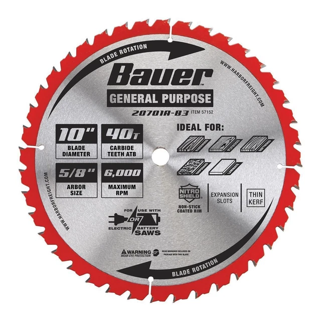 Hoja de sierra circular de uso general BAUER 10 in., 40T 57152
