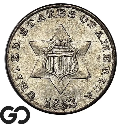 1853 Three Cent Silver Piece, Sharp Choice BU++