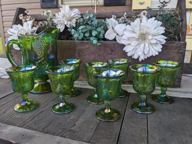 Vintage Indiana Glass Green Grape Carnival Glass Pitcher and 8 Pedestal Glasses